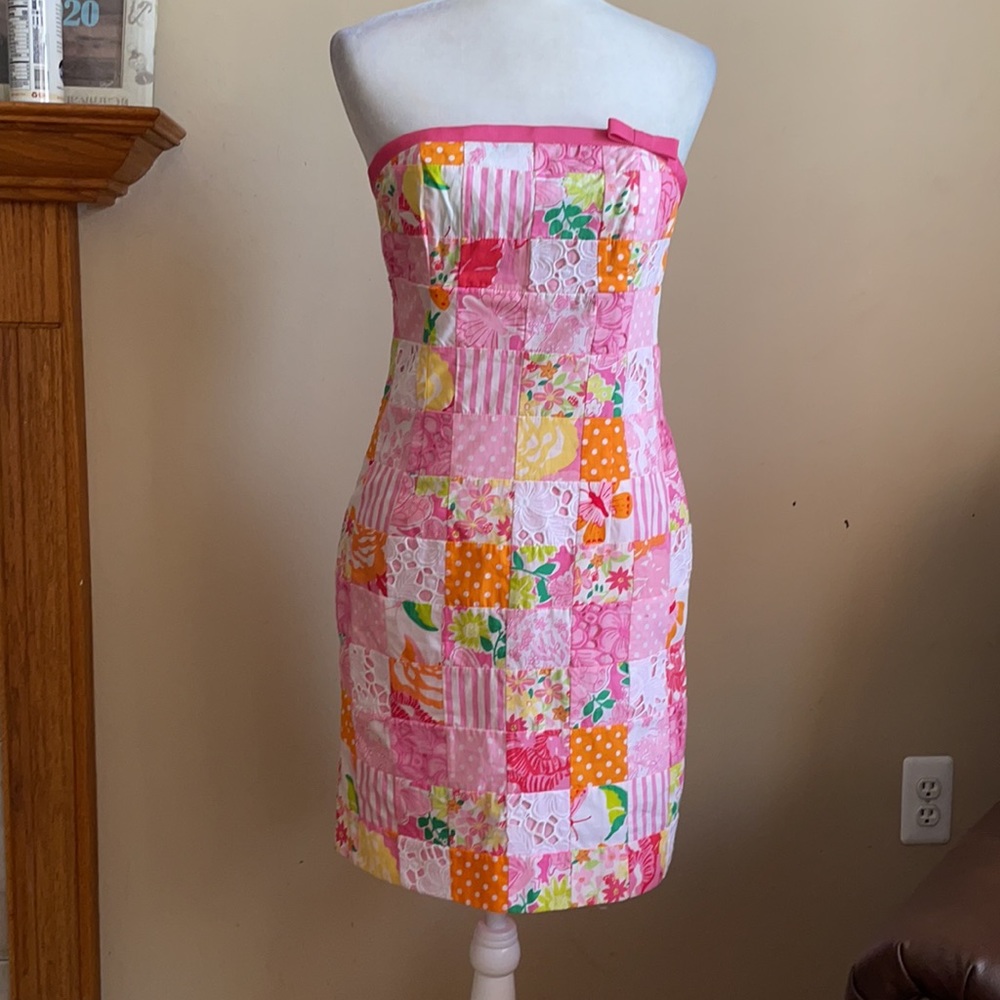 Lilly Pulitzer Pink Orange Yellow Patchwork Strapless Dress - Picture 4 of 11